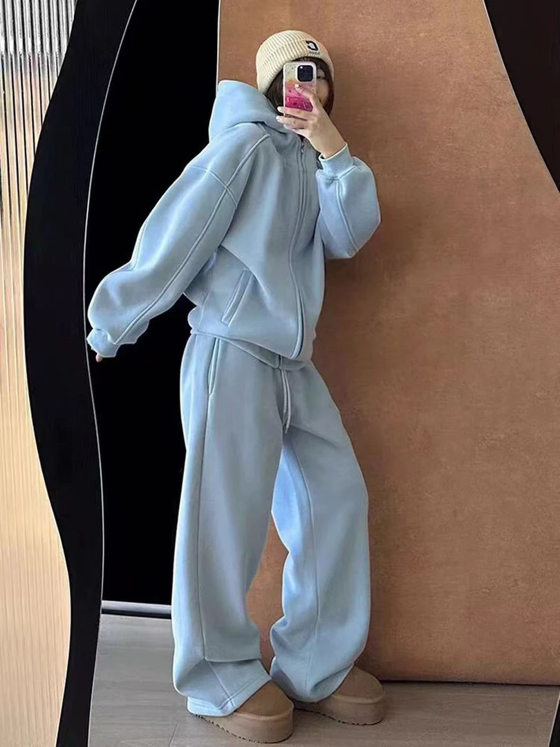 秋冬季时尚新款韩系慵懒风显瘦百搭卫衣连帽外套百搭裤子小众女装