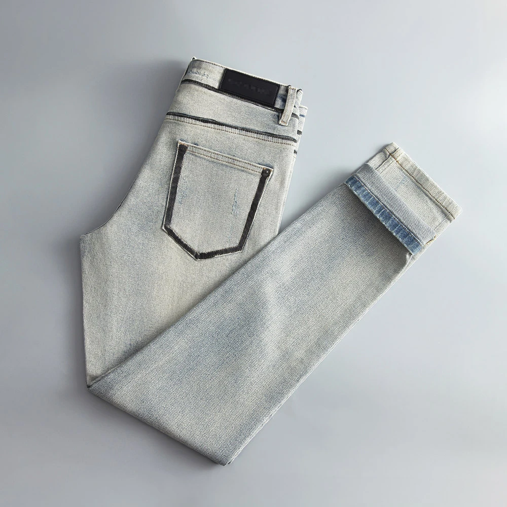 高档时尚男士牛仔裤水洗蓝色涂鸦弹力吊磨百搭修身小直筒裤