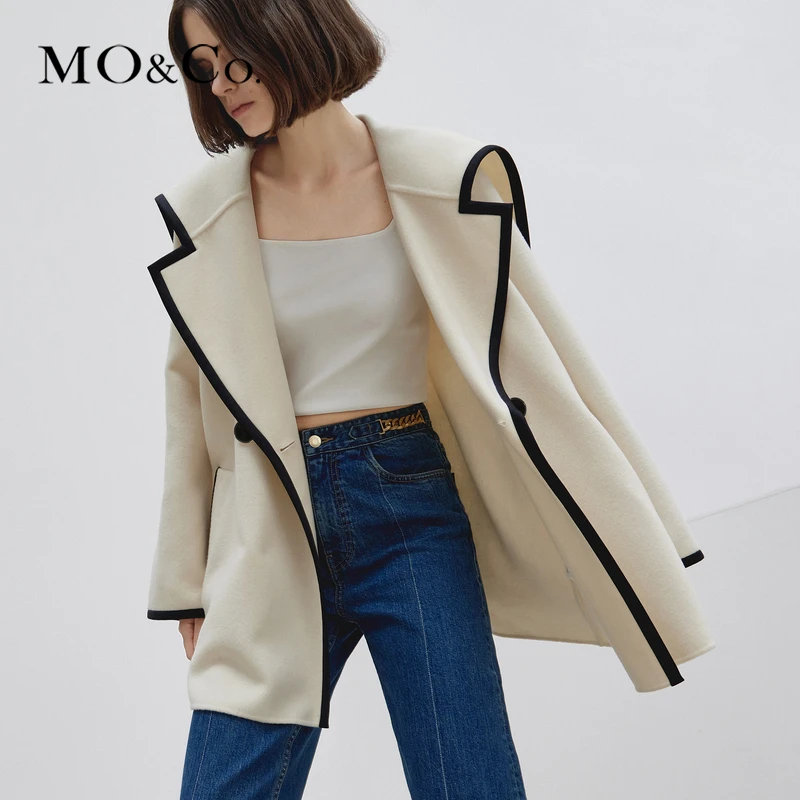 【达人专属】MOCO秋撞边海军领绵羊毛混纺毛呢外套大衣MBC3OVCT02