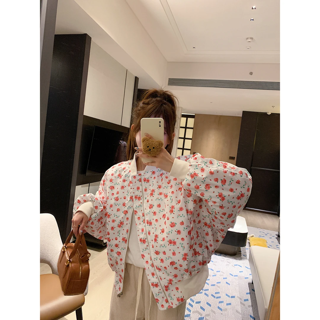 韩国东大门秋冬新款外套女拉链小个子甜美碎花棉服