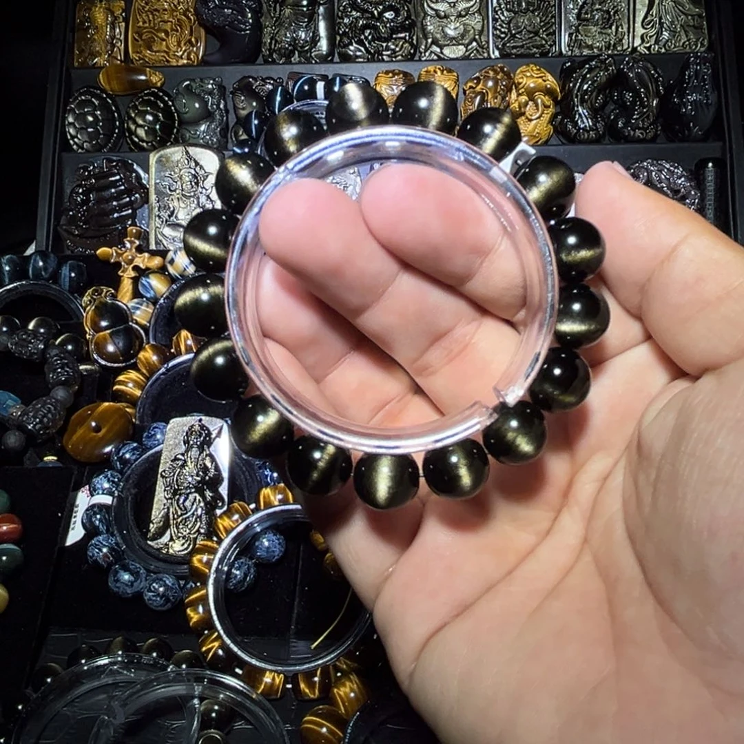 未镶嵌黑曜岩手链小*砸天然金曜石一线双面猫眼12mm