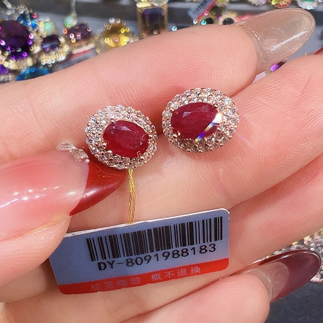 银S925镶嵌耳饰红宝石星****线