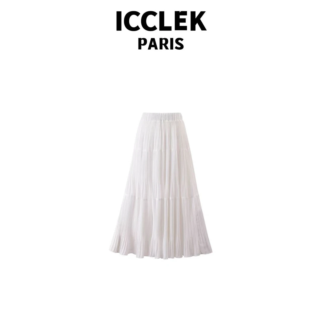 ICCLEK 白色经典百搭褶皱半身裙夏季学院气质显瘦宽松裙子 - 5338