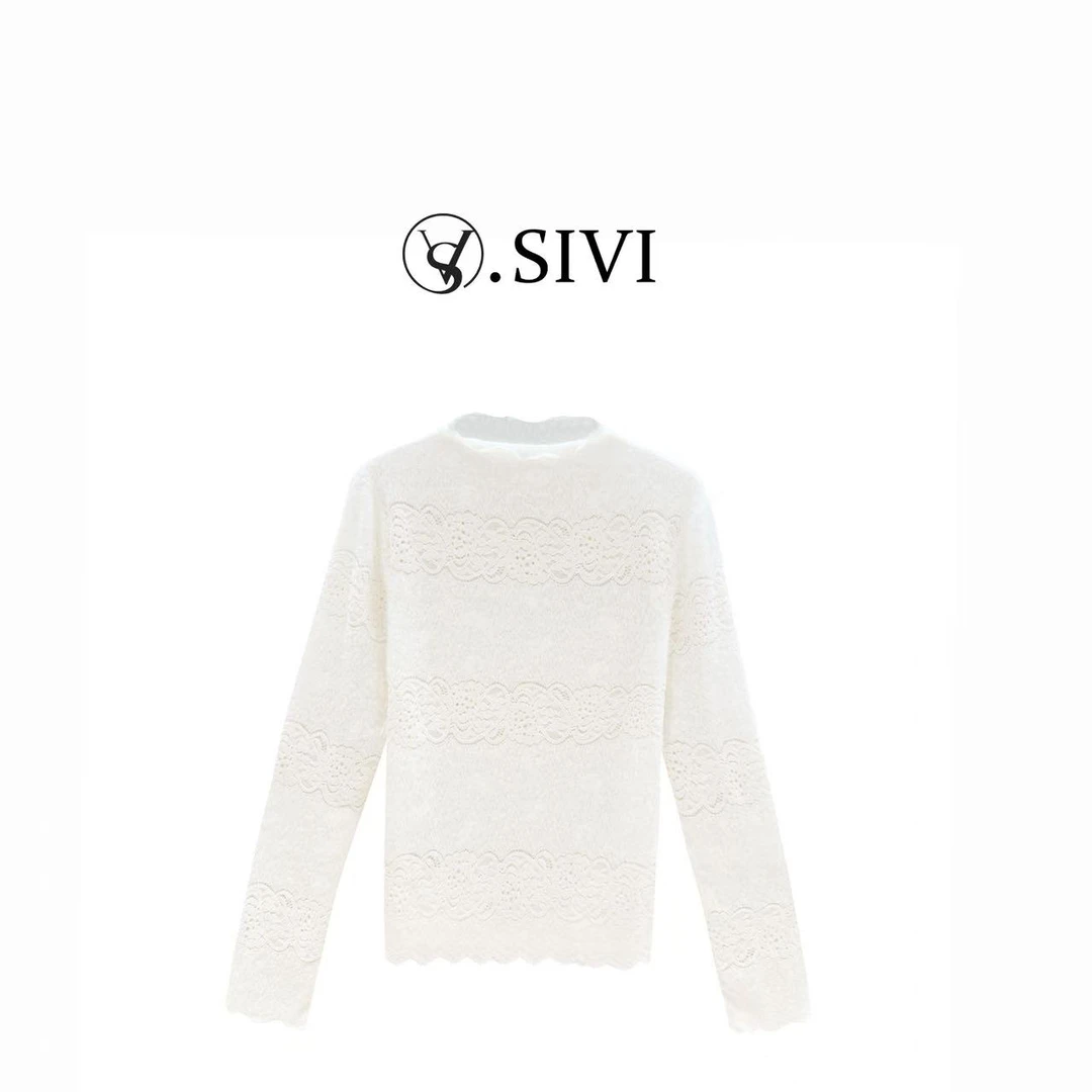 熙薇【水佩风裳】2025秋新款蕾丝勾花半高领百搭打底上衣H5765