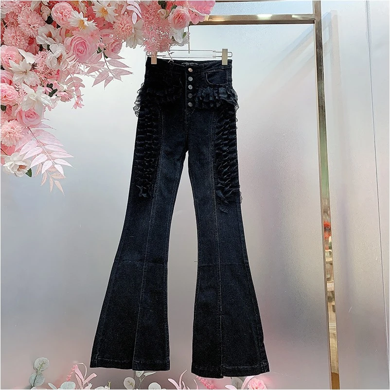 A1049欧美设计师2025早春新款拼接蕾丝花边开叉修身微喇叭牛仔裤