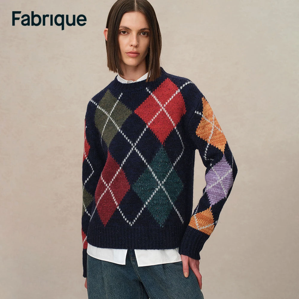 【达人专享】Fabrique 深藏蓝菱格纹学院风美利奴绵羊毛针织毛衣