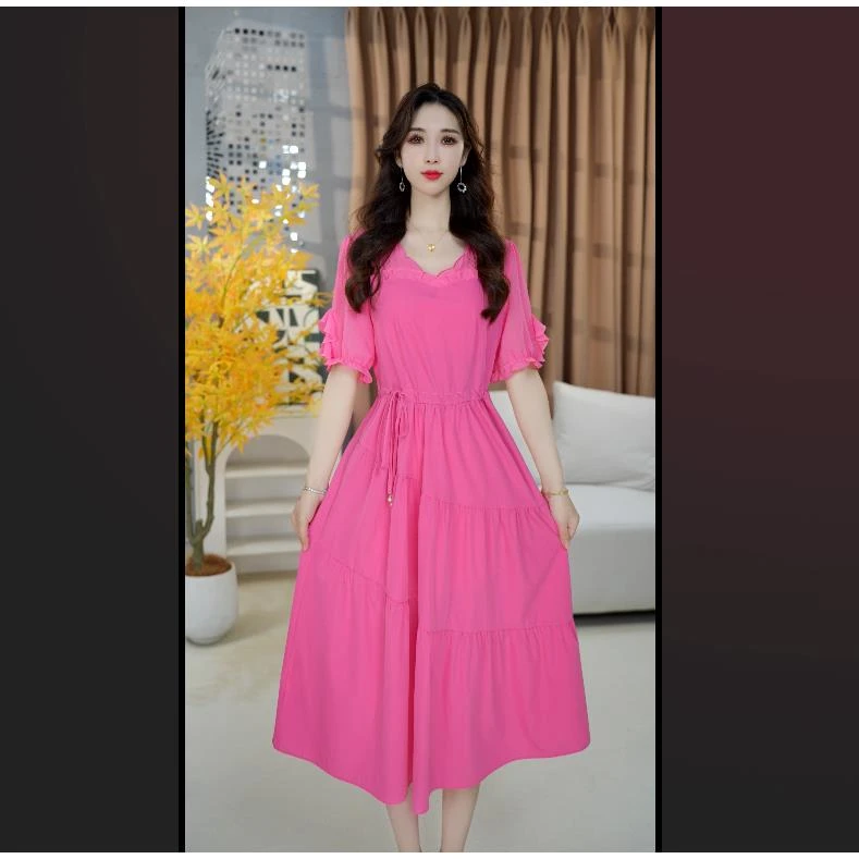时尚洋气收腰连衣裙夏季女装高腰显瘦泡泡袖裙子不规则领型 25A38