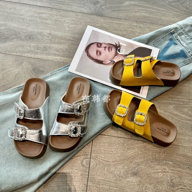 【ZHD】真皮水钻厚乳软底高品质女士外穿凉拖鞋新款高级感K18-1