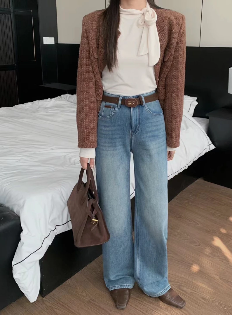 厂家清～高货加绒加厚微弹窄版牛仔阔腿裤6710