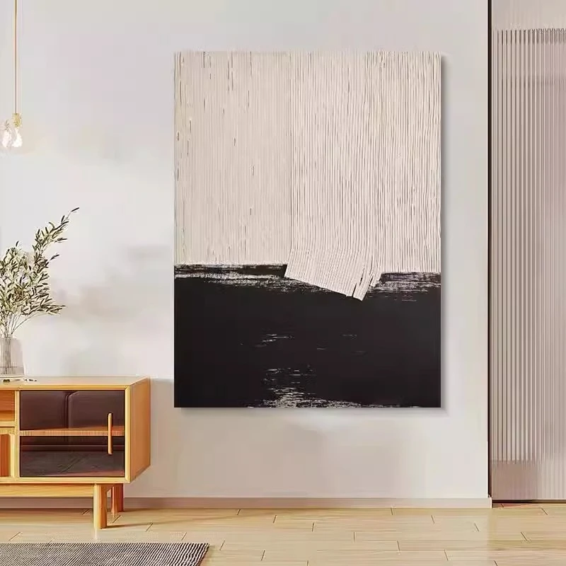 【巴比松】手绘油画客厅侘寂风挂画玄关抽象黑白立体肌理高级装饰画