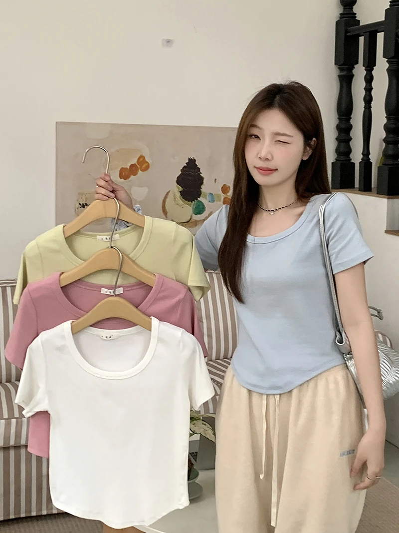 2025夏装新款胖mm时尚百搭显瘦纯欲辣妹风圆领短袖T恤上衣6500