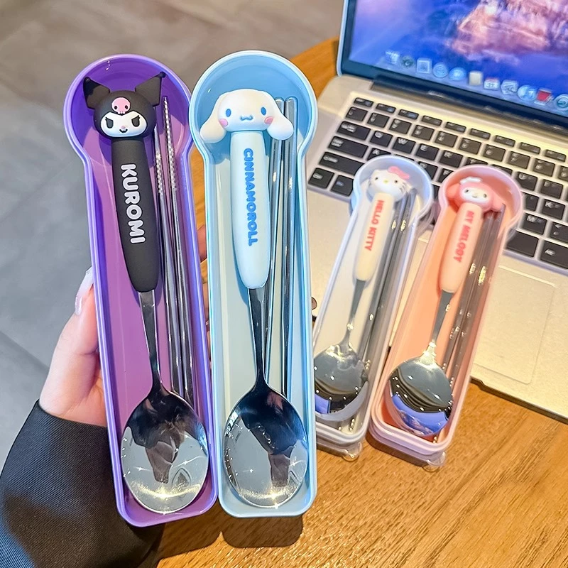 三丽鸥筷子勺子套装304不锈钢幼儿园学生便携收纳盒餐具一人专用