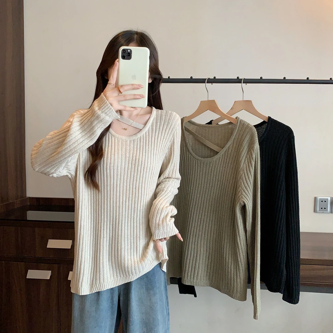 2025秋季大码女胖mm新款慵懒风内搭毛衣设计感镂空打底针织衫