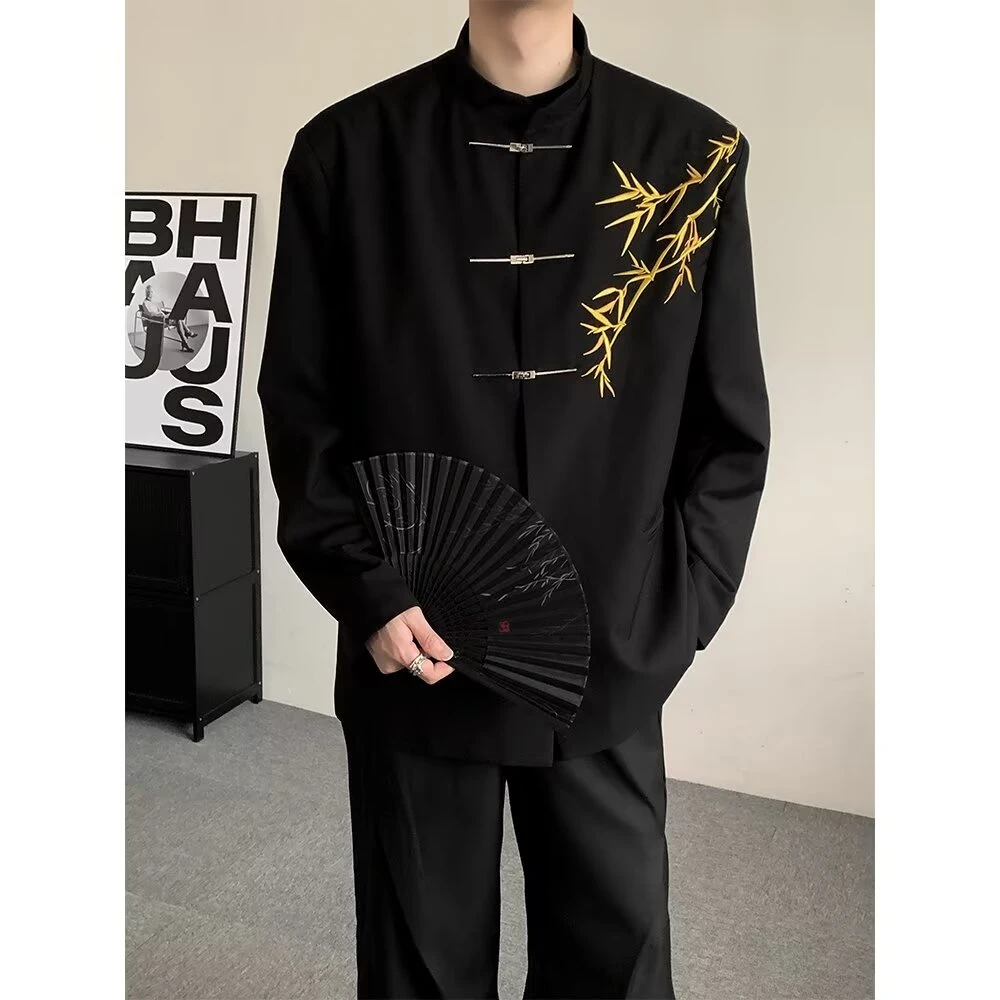 新中式男士订婚衣服套装国风立领中山装金竹刺绣男孩成人礼服西装