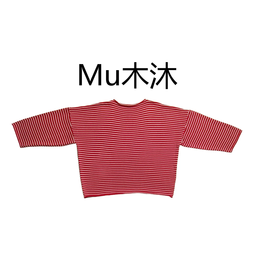 Mu木沐♠新品一字领卷边大版条纹针织毛衣（常温清洗）