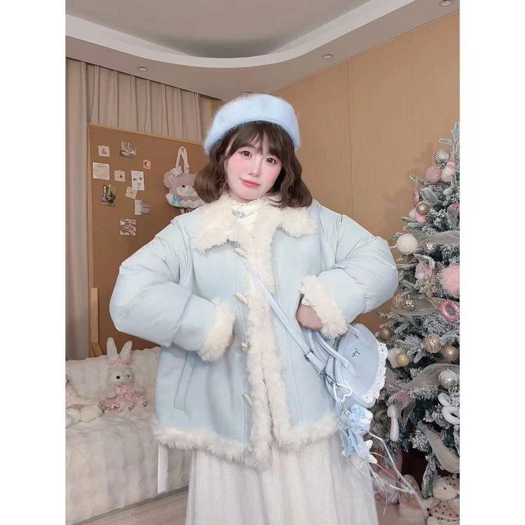 叶子定制【W2195】大码甜妹冬款胖mm杏色加绒加厚毛领羽绒服外套