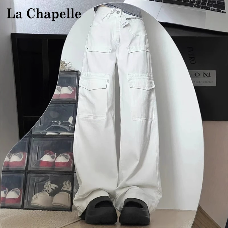 拉夏贝尔美式工装牛仔裤女爆款白色高腰直筒痞帅炸街风休闲阔腿裤