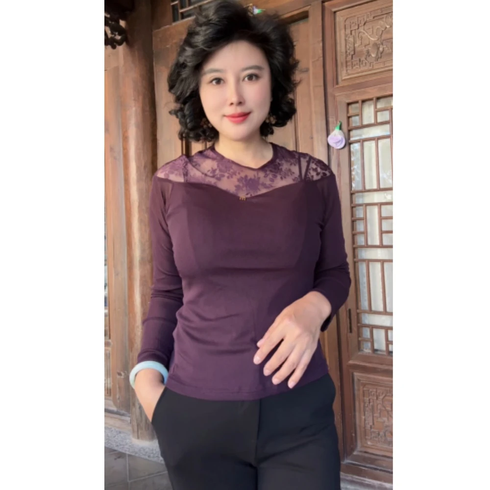 【乔奶奶专属】微透圆领内搭长袖女款T恤2025新款小衫纯色洋气上衣