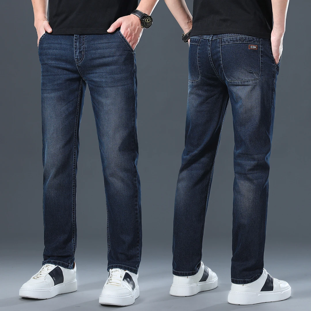 JJ夏季薄款深蓝色牛仔裤男士宽松直筒弹力长裤日常休闲百搭裤子