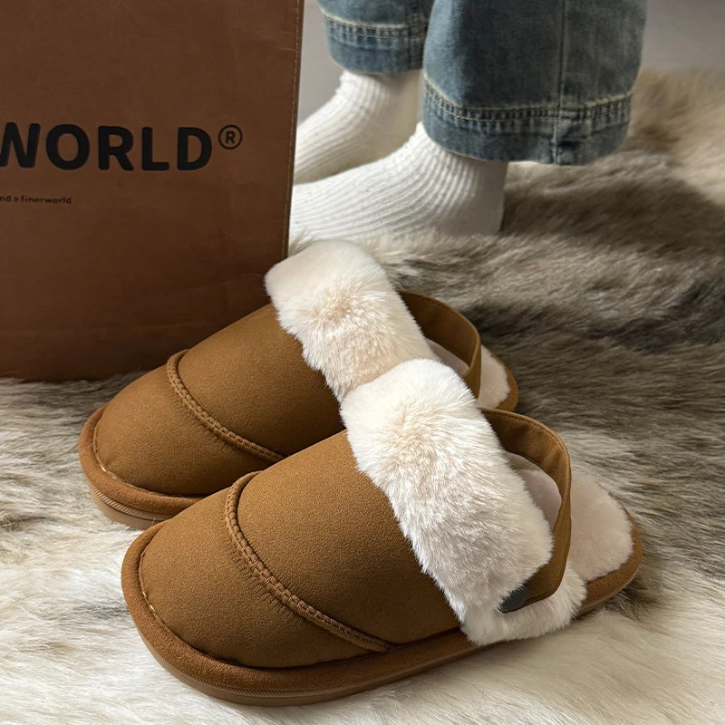 ECAC皮毛一体棉拖鞋女2025秋冬新款厚底外穿加绒保暖包头毛毛半托
