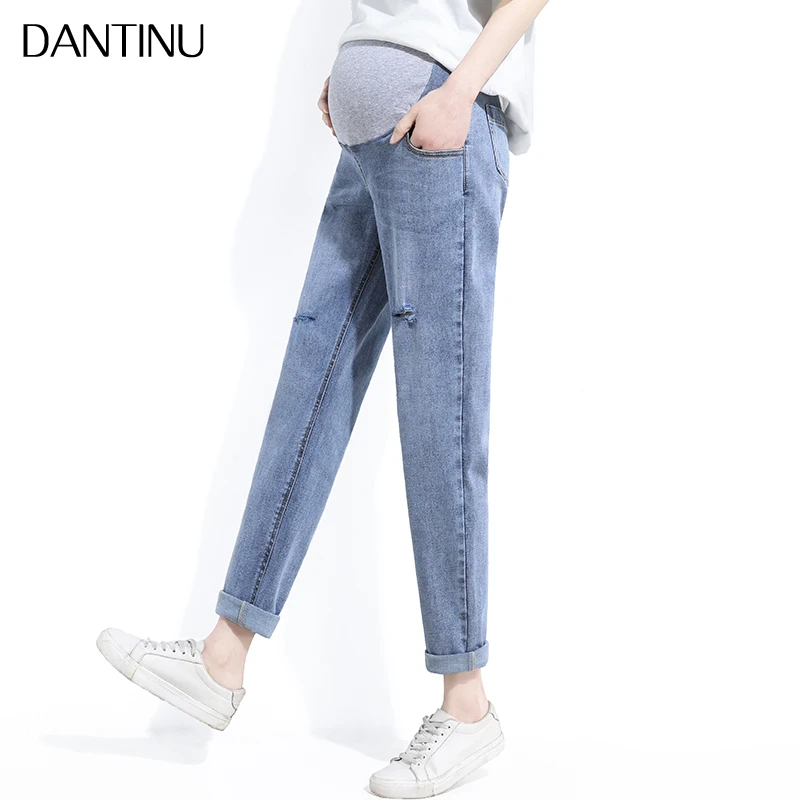 孕妇裤春秋款外穿宽松秋季薄款破洞老爹牛仔裤九分大码直筒裤潮妈