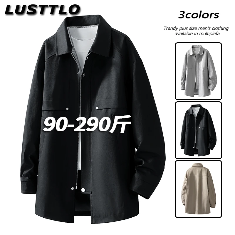 男士大码中长款风衣外套春秋款加肥加大宽松休闲长款黑色翻领夹克