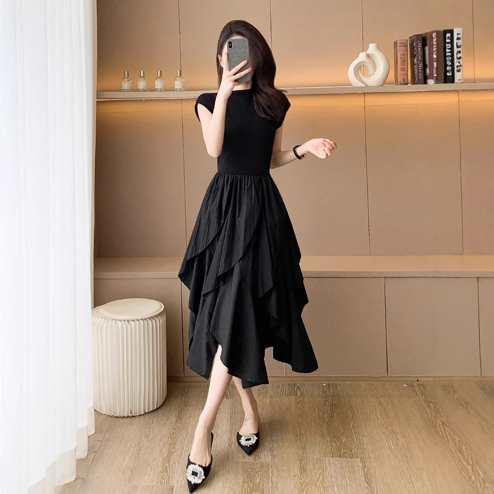 赫本风黑色无袖连衣裙女夏季收腰显瘦气质不规则长款独特漂亮裙子