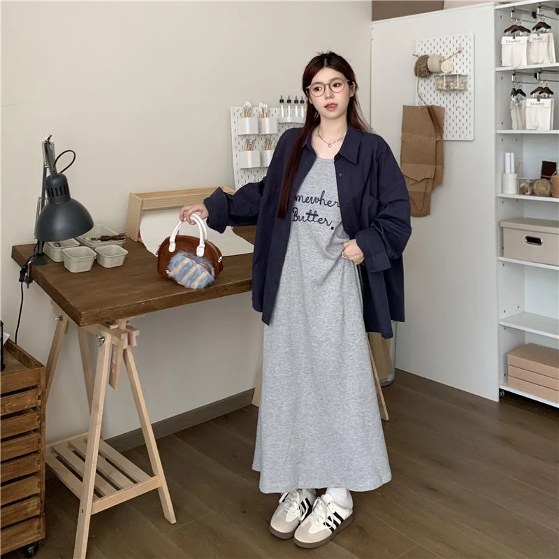 大码女装遮肉套装2025春季衬衫外套胖MM打底吊带连衣裙两件套