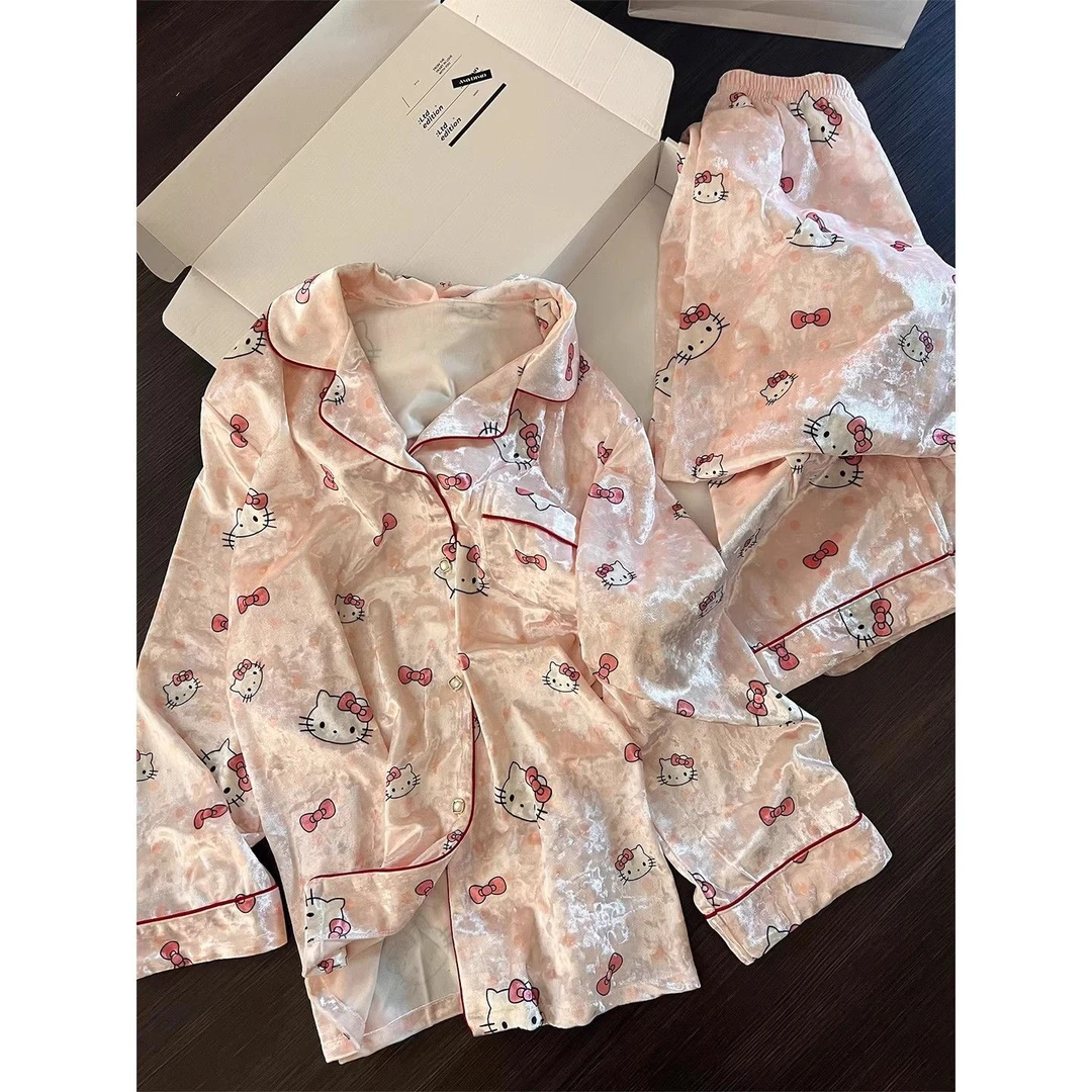 甜美风可爱KT猫学生金钻绒睡衣女秋冬新款加绒保暖舒适家居服套装