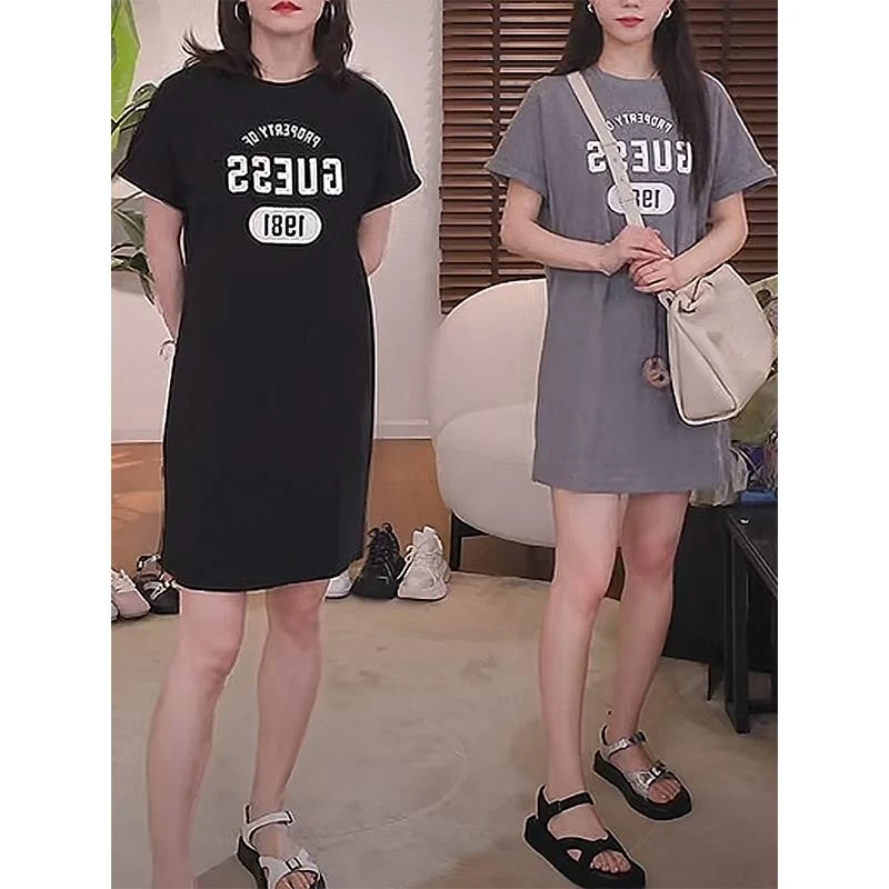 韩版ins中长款时尚印花短袖T恤女夏季2025新款慵懒风宽松复古上衣