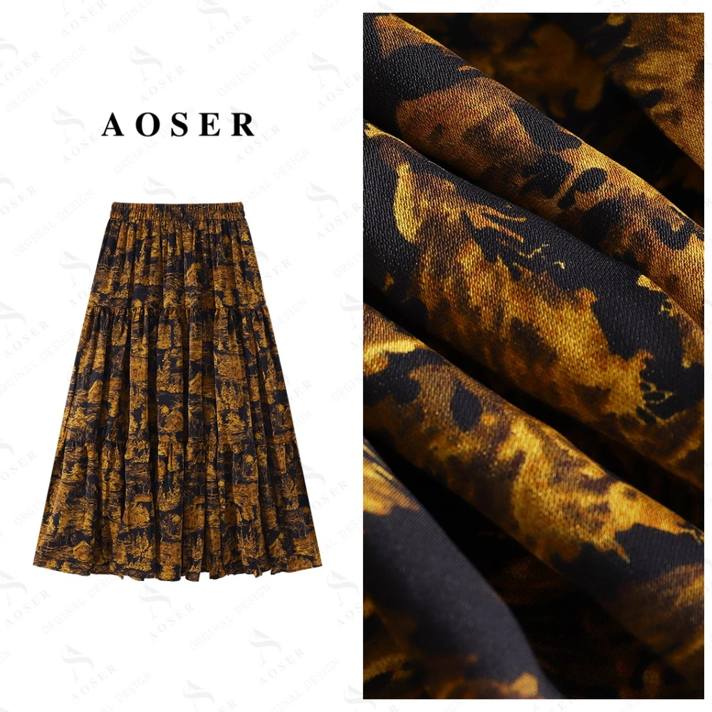 AOSER松紧腰时尚百搭印花常规复古花卉高腰女装半身长裙2752