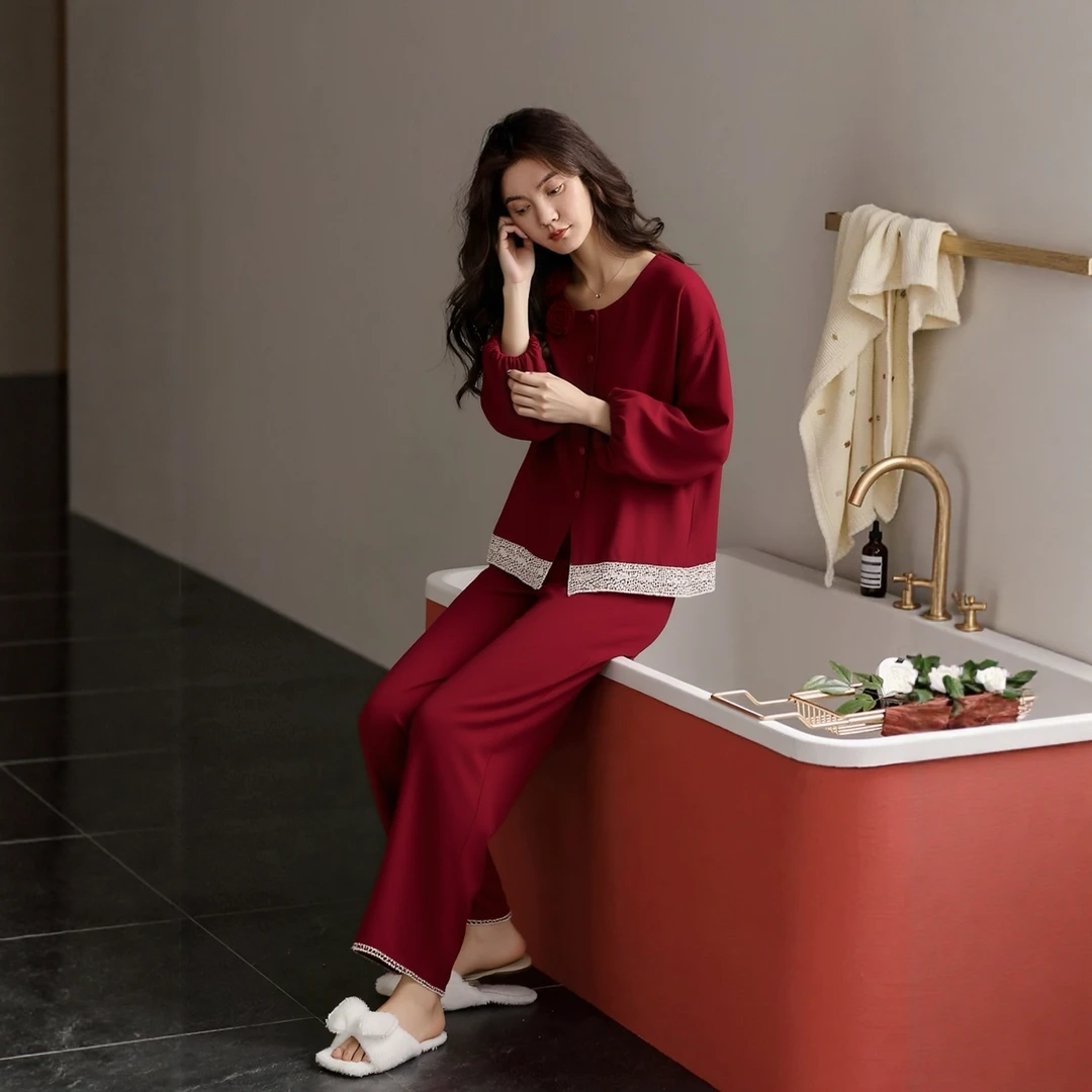 睡衣女士韩系甜美风蕾丝花边长袖长裤家居服春秋季新款优雅套装