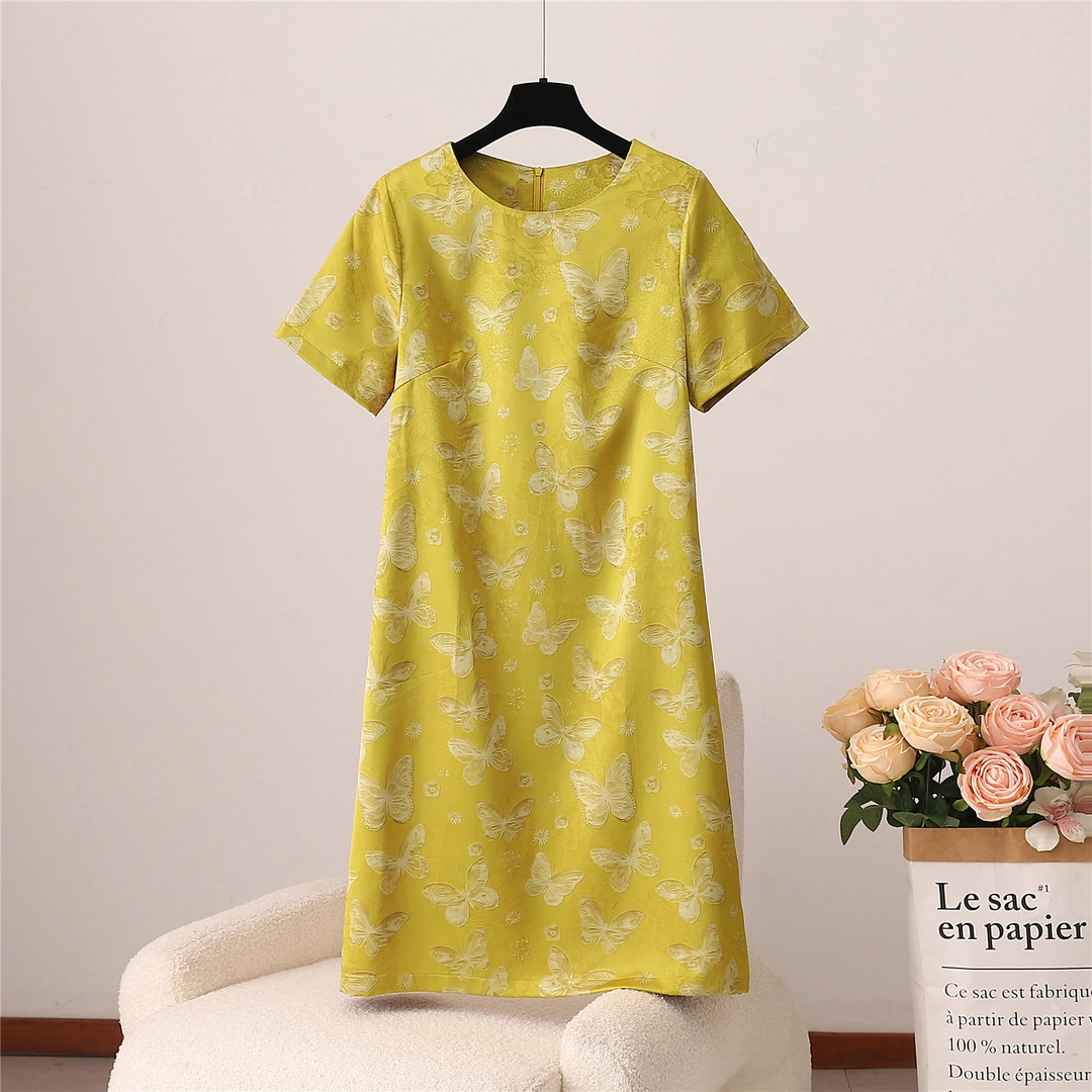 气质复古提花无开衩旗袍A字裙立领日常新中式黄色A22