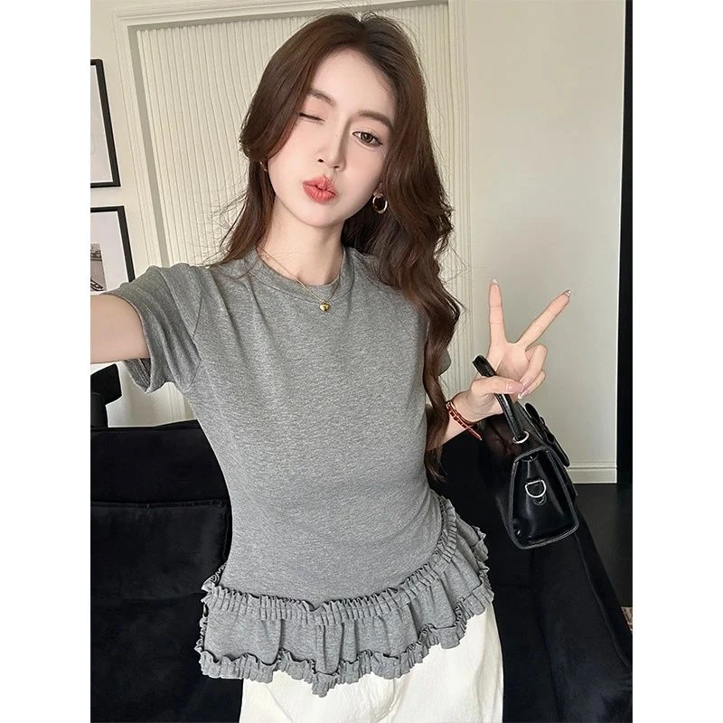 圆领短袖t恤女夏新款百搭下摆花边打底衫上衣芭蕾风简约可爱温柔