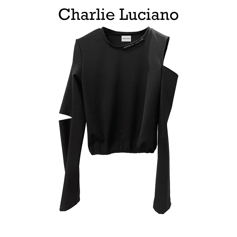 Charlie Luciano打底衫潮2024春夏修身露肩时尚圆领长袖短款t恤女