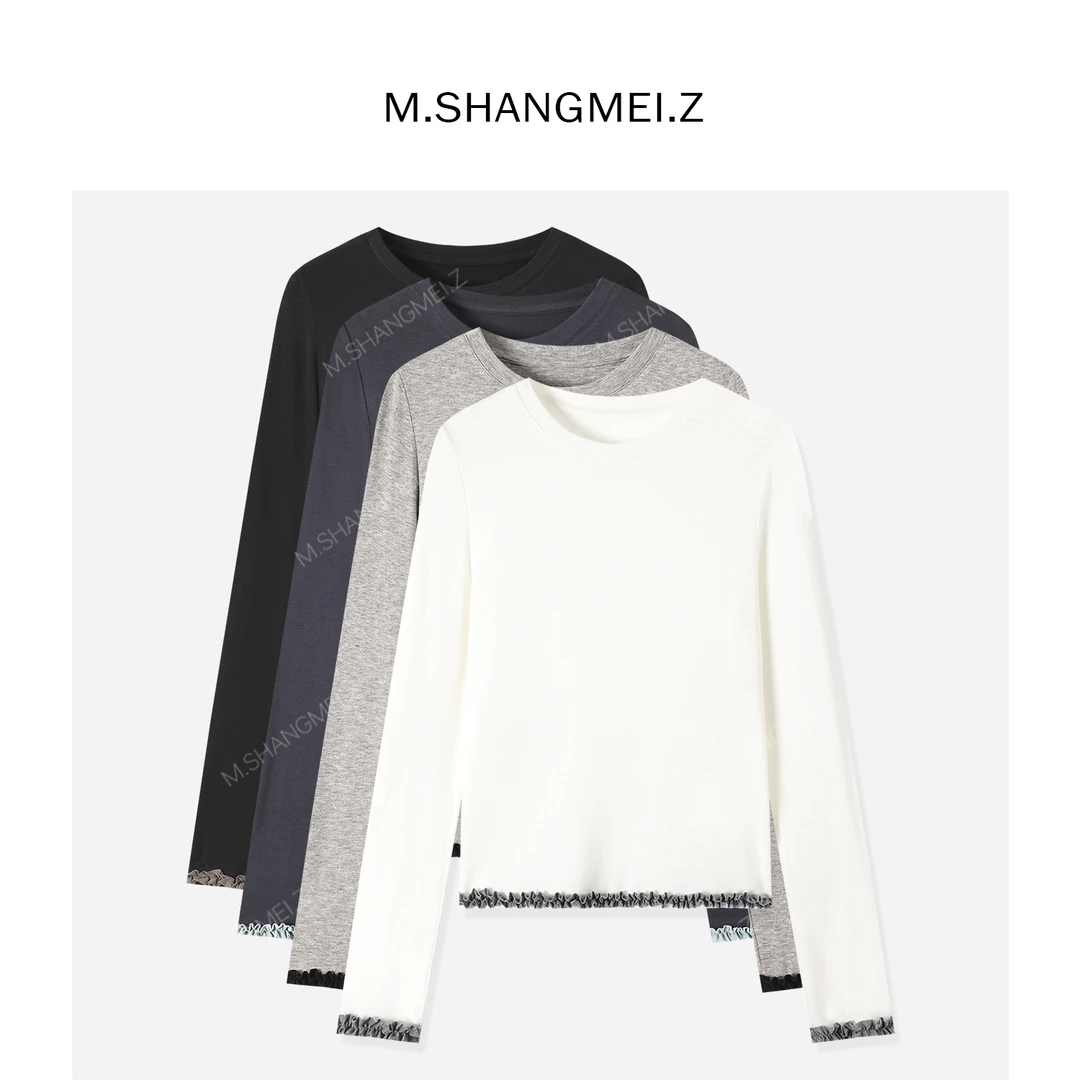 M.SHANGMEI.Z/沐熙【雅袖】美大哥时尚圆领拼接花边打底上衣X103156