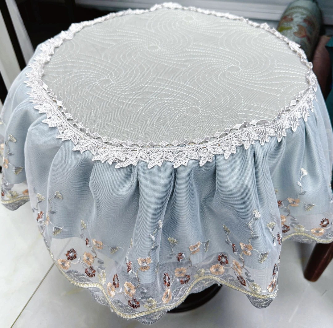 内径40圆盖巾绣花纱边圆柜机圆桌圆凳万能盖巾