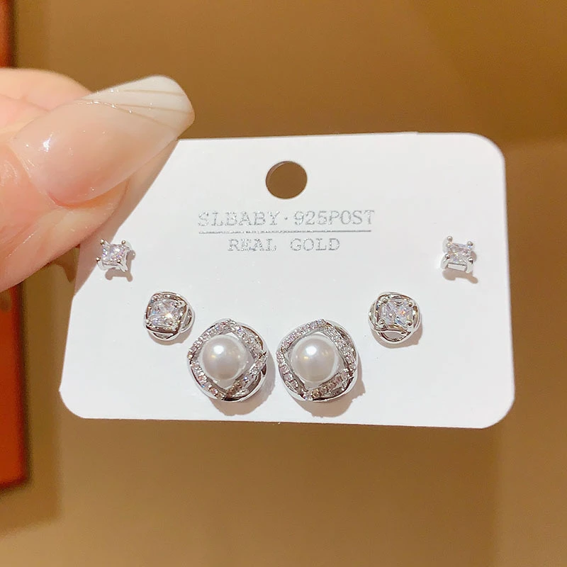 铜合金合成锆石耳饰 环绕锆石三件套组合耳钉小众百搭网红耳环