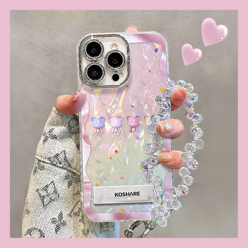 太空熊手链适用苹果15promax华为oppo小米iPhone16精孔贝壳手机壳