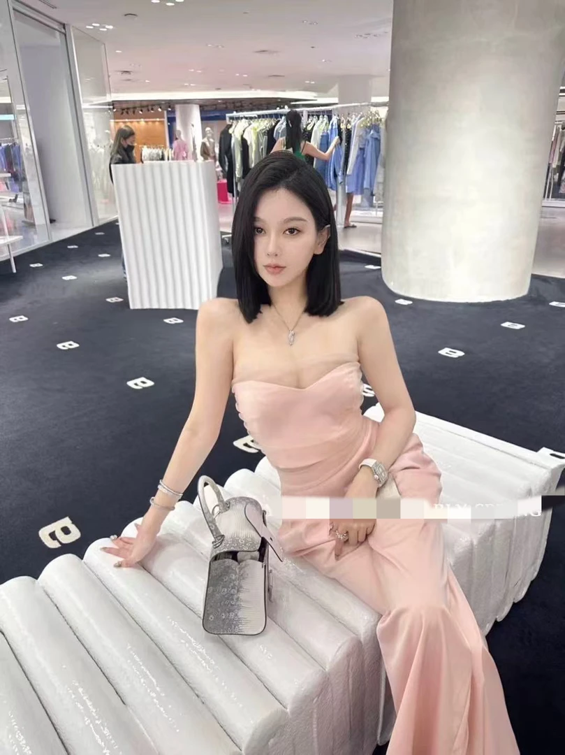 时尚抽褶设计感抹胸缎面阔腿裤泰国设计师品牌粉色套装女百搭气质