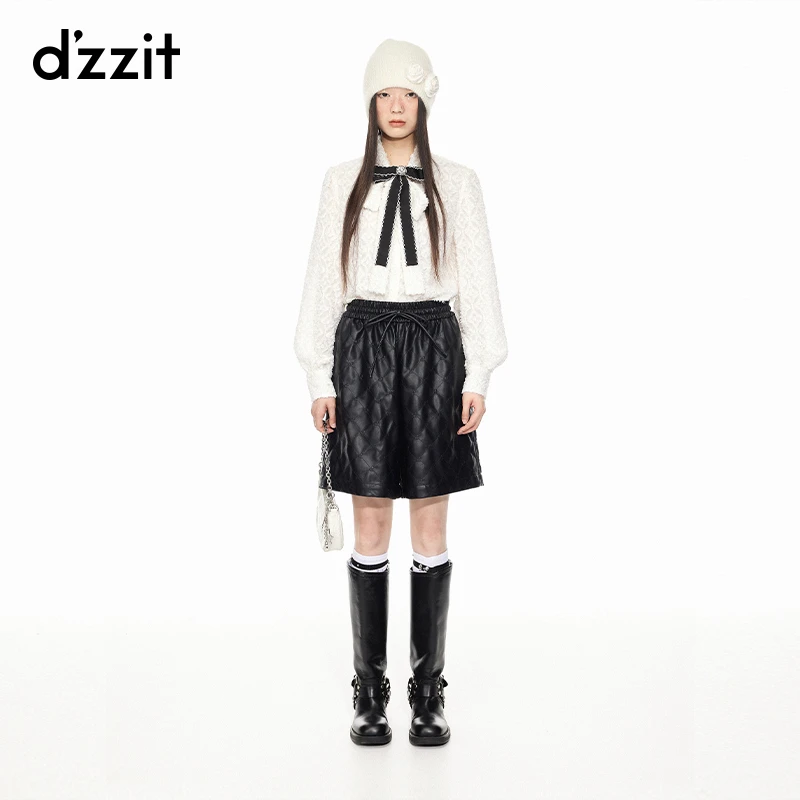 517【专属】dzzit地素环保皮短裤复古黑色宽松松紧腰休闲裤女