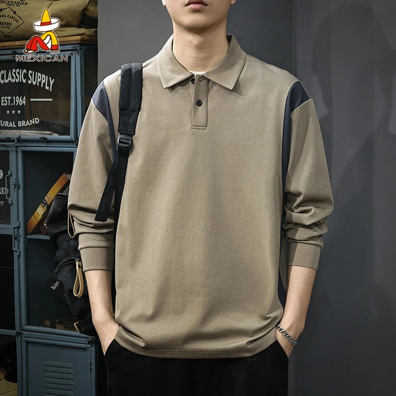 Mexican/稻草人春季设计感长袖polo衫男款美式复古宽松撞色上衣潮