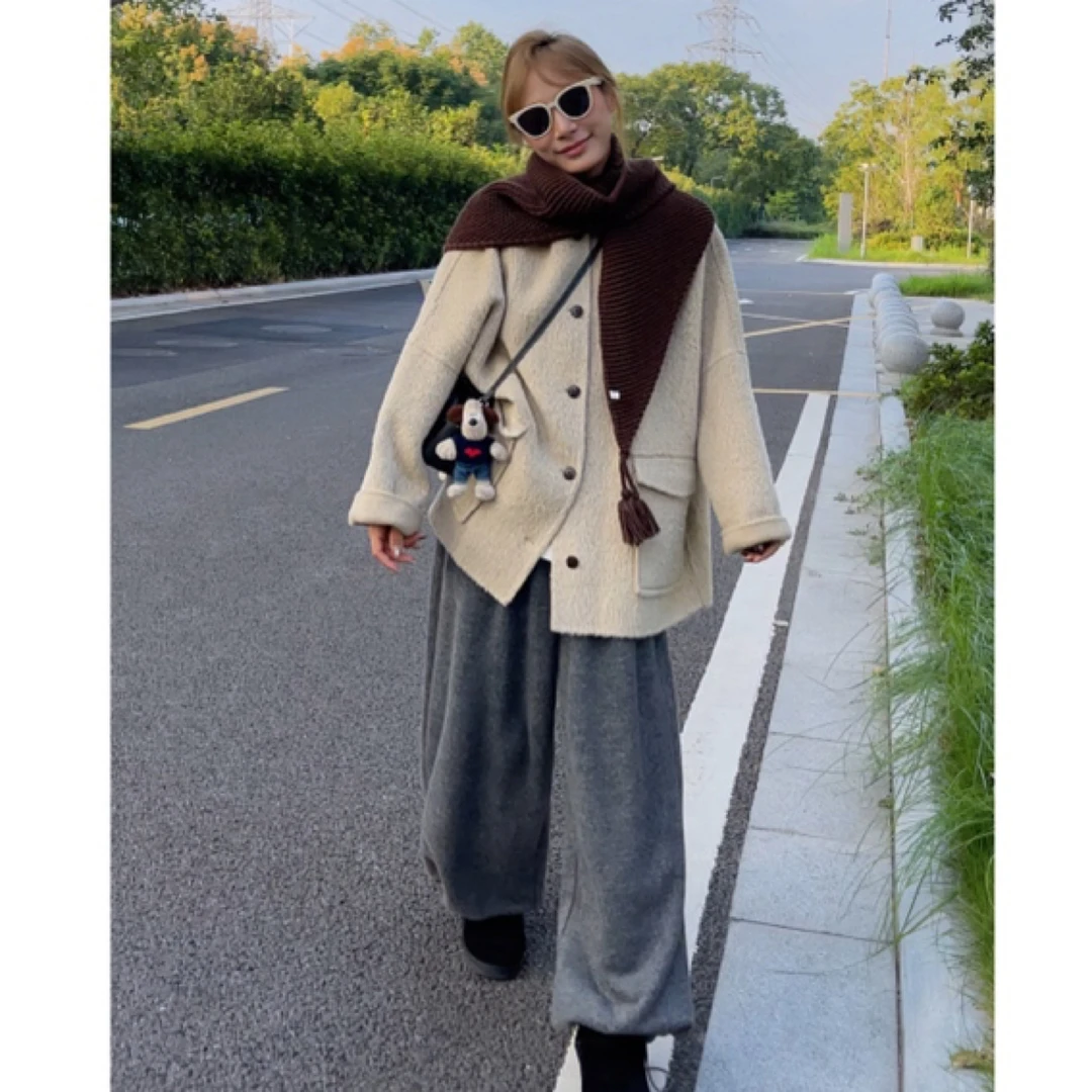 JOJO 随性秋冬氛围廓形圆领口袋羊毛苏力短款大衣
