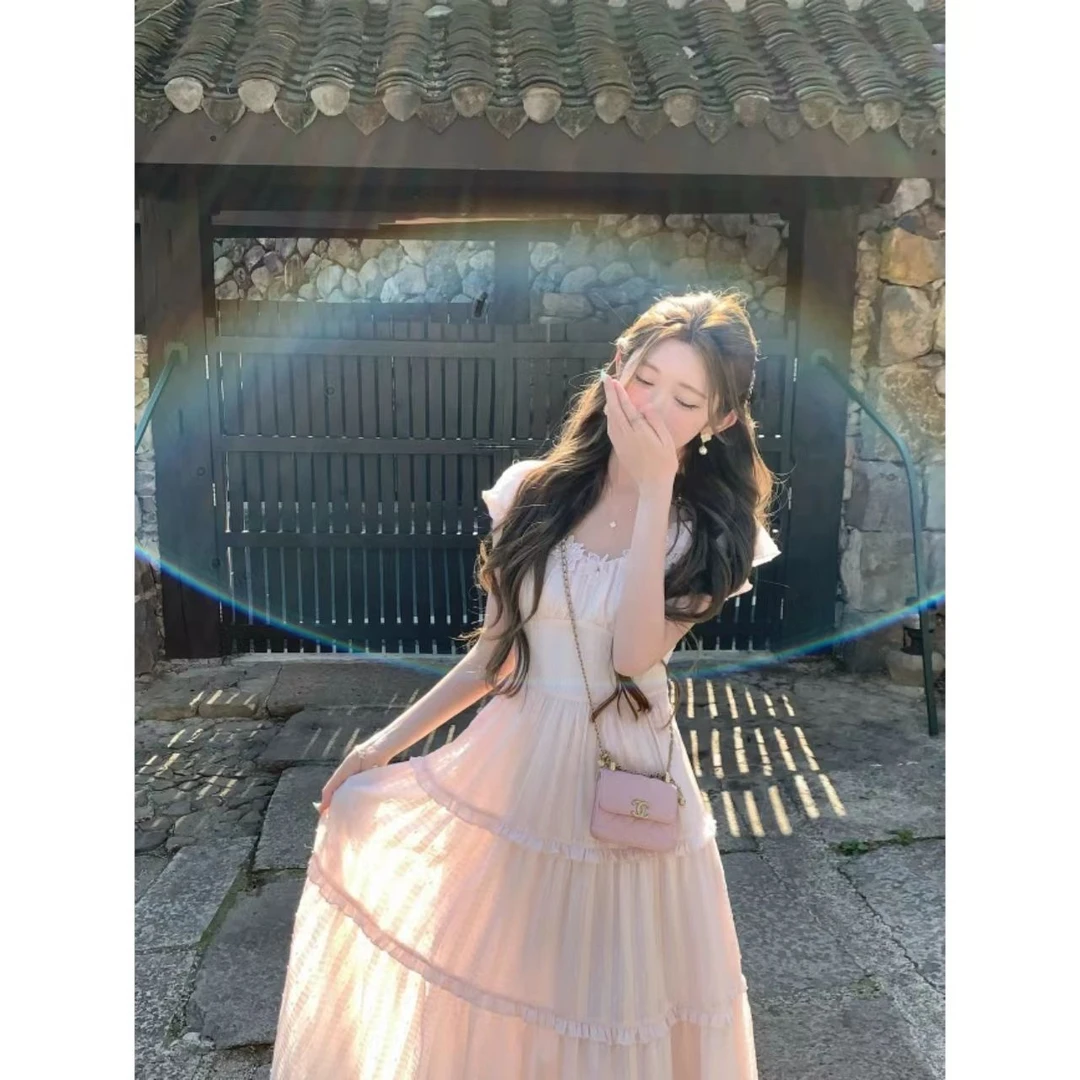 曼曼【迷失樱花季】 韩系甜美风拼接立体花飞飞袖连衣裙女