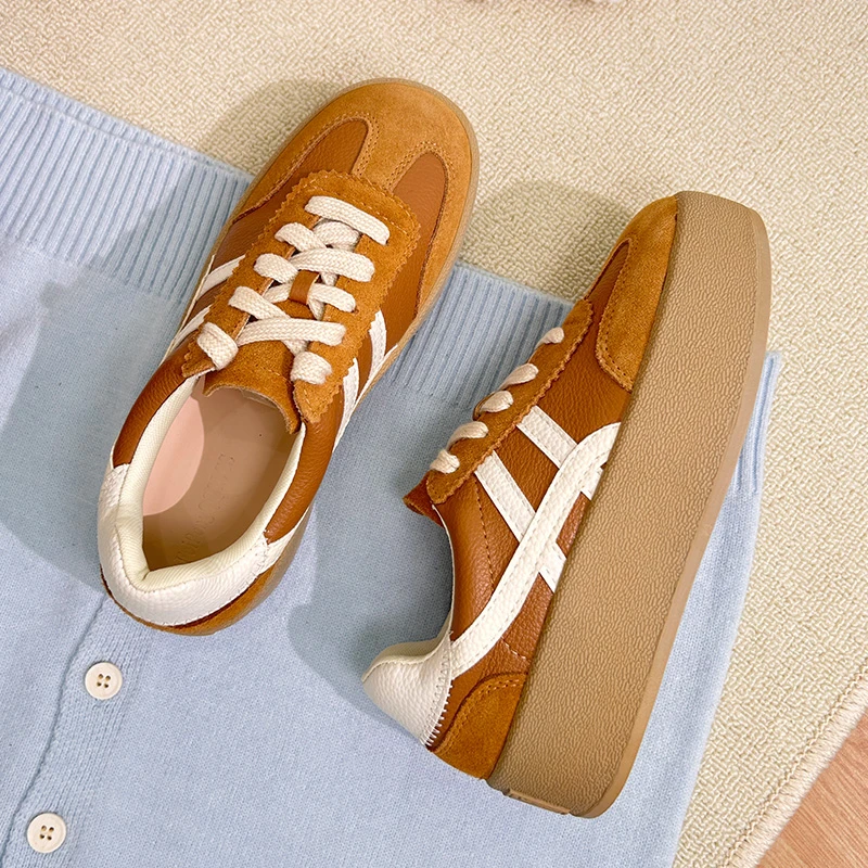 羊皮版~小个子内增高德训鞋女2025年新款秋季厚底运动阿甘板鞋