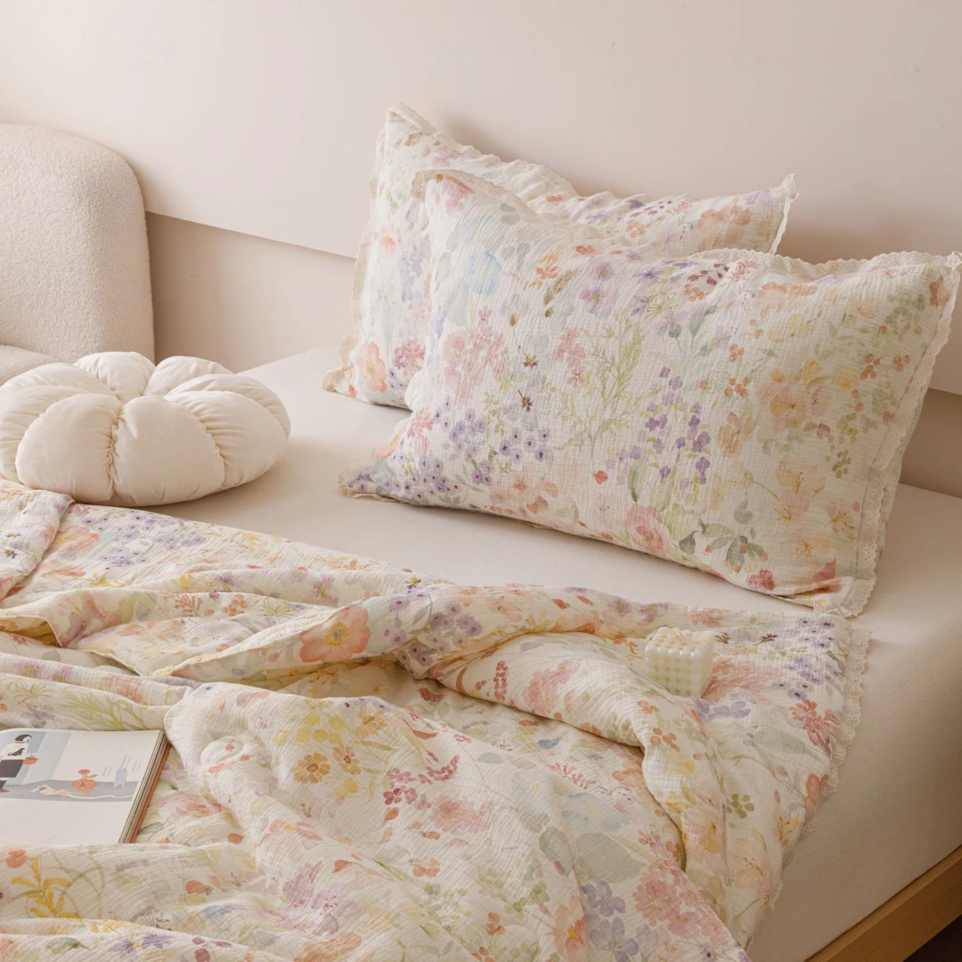 【豆爸专享】单枕套！全棉亲肤印花皱皱纱雾感纱-蕾丝边款单枕套