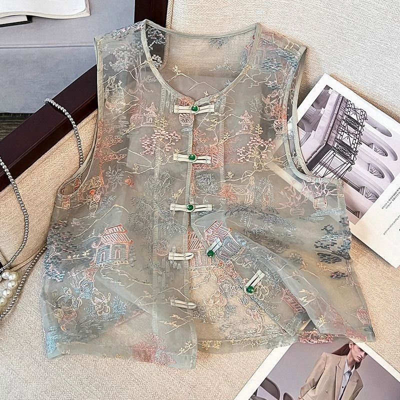 轻薄国风新中式马甲2025年夏季无袖背心重工刺绣坎肩