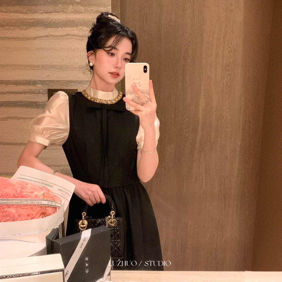 法式miu系富家千金风假两件黑色短袖赫本风连衣裙女