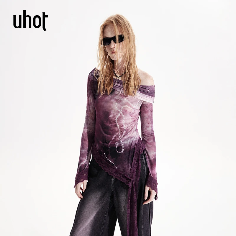 UHOT 紫色珍珠项链印花蕾丝花边装饰一字肩堆堆领上衣女UWWS2N156