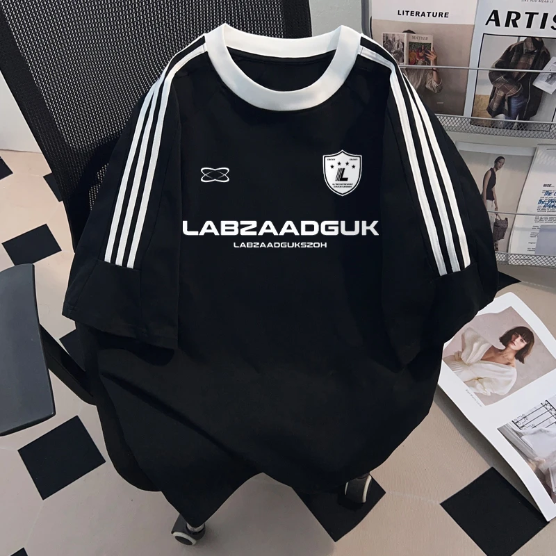 jtrt国潮美式复古高街短袖t恤男女夏季新款宽松三条杠纯棉上衣服